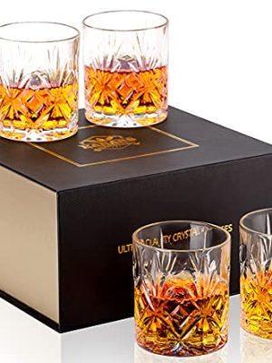KANARS Whiskey Glasses Set of 4, 10 Oz Old Fashioned Bourbon Glass for Men Dad, Rocks Barware Lowball Tumblers for Scotch, Malt, Vodka, Cocktail and Irish Whisky Drinking