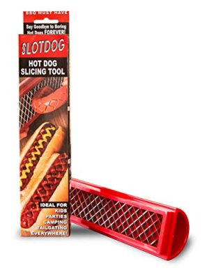 SLOTDOG - Hot Dog Slicing Tool - Stainless Steel Cutter Blades for Kitchen, Grilling, Tailgating, Camping and Backyard Outdoor BBQ - 10 inch - Red