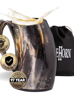 AleHorn Original Handcrafted Authentic Viking Drinking Horn Tankard for Beer Mead Ale - Genuine Medieval Inspired Stein Mug Food Safe Vessel with Handle (20oz)
