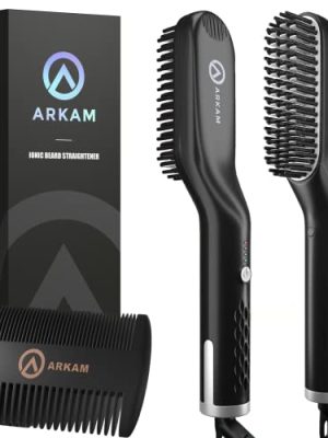 Arkam Beard Straightener for Men - Original Heated Beard Brush Kit w/Anti-Scald Feature, Dual Action Hair Comb and Travel Bag for Short to Medium Beards -Costume Accessories and Grooming Gifts for Men