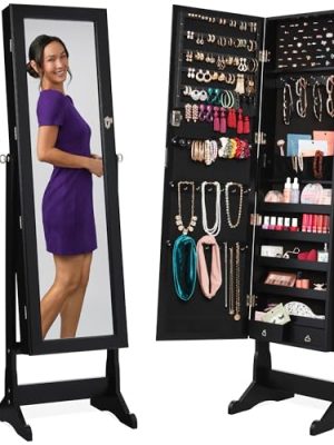 Best Choice Products Freestanding Jewelry Armoire Cabinet, Full Length Standing Mirror, Lockable Makeup Storage Organizer, w/Velvet Lining, 3 Angles, Lock, Accessory Pouch, 5 Shelves - Black