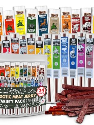 Buffalo Bob's Wild Game Meat Snacks (24 pack), Beef Jerky Assortment Pack of Flavorful Strips & Sticks, Exotic Jerky Gift Baskets for Men, Meat Variety Pack for Valentines & Christmas, Meat Bouquet