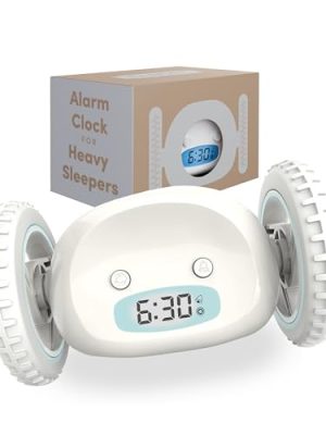 CLOCKY Extra Loud Alarm Clock for Heavy Sleepers on Wheels Rolls Runs Away Vibrating, Easy to Set Super Smart Snooze Digital Bed Shaker Alarm Clock Funny Gift for Adults Kids Teens Bedrooms (White)