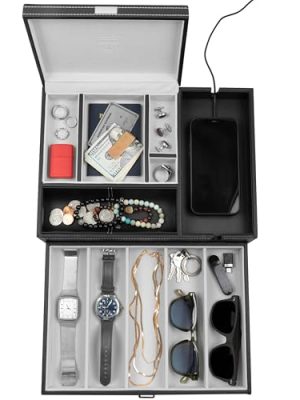 HOUNDSBAY Admiral Dresser Valet Box & Mens Jewelry Box Organizer with Large Smartphone Charging Station (Grey)