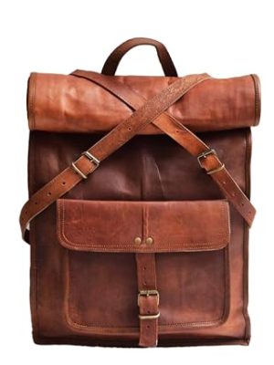 jaald 23" Brown Leather Backpack Vintage Rucksack Laptop Bag Large Travel Roll Top College Bookbag Comfortable Lightweight Travel Hiking/picnic For Men