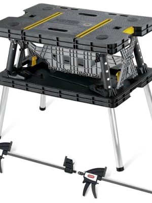 Keter Folding Work Table, Portable Workbench w/ 12" Clamps for Garage/Wood Shop - Heavy-Duty and All-Weather for DIY Home Improvements and Worksites