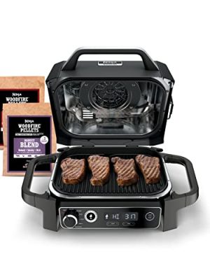Ninja | Woodfire Series | 7-in-1 (Grill, BBQ, Roast, Air Fry, Dehydrate, Broil, Smoke) | Portable & Weather Resistant | Cook Up To 6 Steaks & 30 Hot Dogs | Woodfire Pellets included | OG701