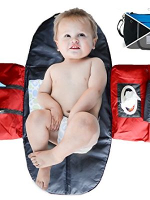 Peke-Buo Diaper Bag Clutch, Small for Mom Dad Girls or Boys, Unfolds Into Changing Station Purse Organizer, Bags Dispenses Wipes, Tissues, Disposable Baggies (Red)