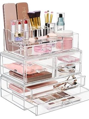 Sorbus Huge Acrylic Makeup Organizer - Extra Large Makeup Case & Display - Stackable 3 Piece Cosmetic Organizers and Storage Set with Acrylic Drawers - Great Vanity, Dresser & Bathroom Organizer