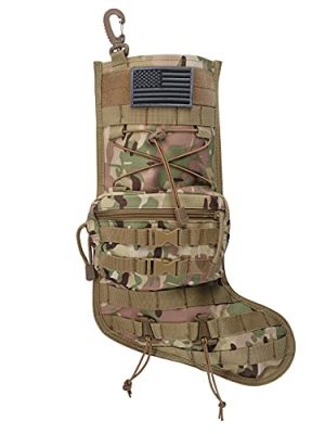 Speed Track Tactical Christmas Stocking, with Flag Patch MOLLE Webbing, Zip Pocket, MOLLE Clips, Gift for Veterans Military Patriotic and Outdoorsy People, Khaki Camouflage